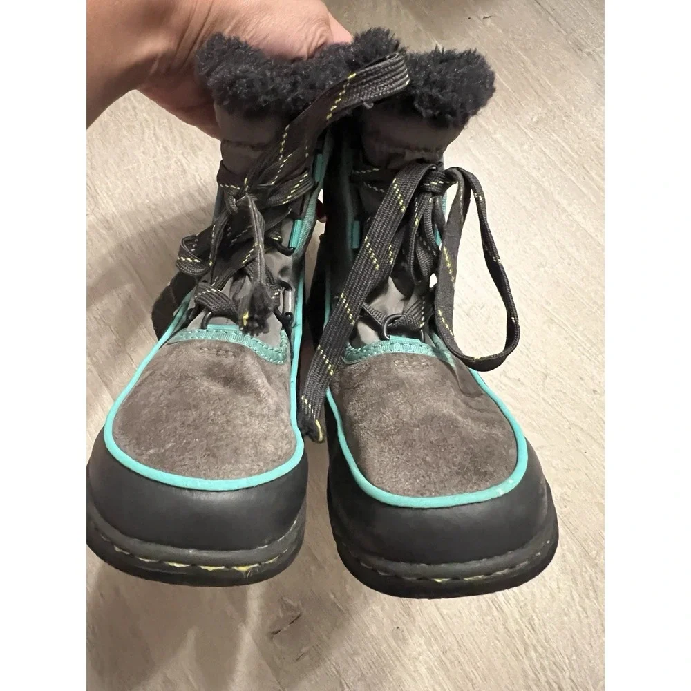 SOREL Winter Snow Boots Youth 1 Tivoli III Gray Teal Suede Faux Fur Waterproof